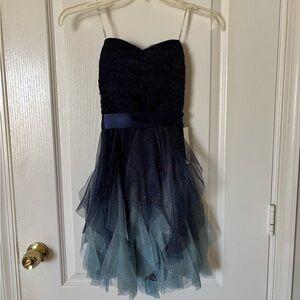 Teeze Me Asymmetrical Blue and Gray Tiered Sundress for Prom